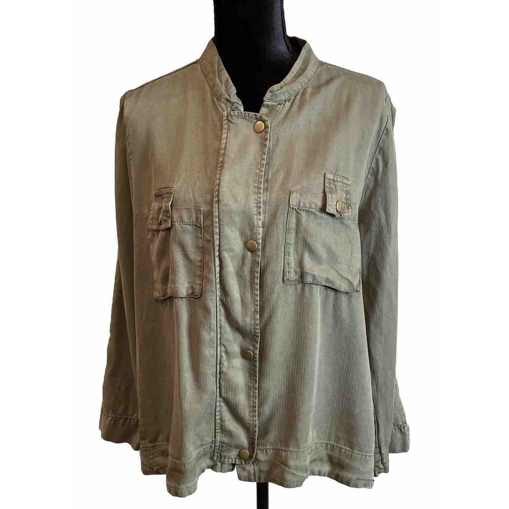 Young Fabulous & Broke Womens M Utility Jacket Top Green Snap Front Preppy Chic